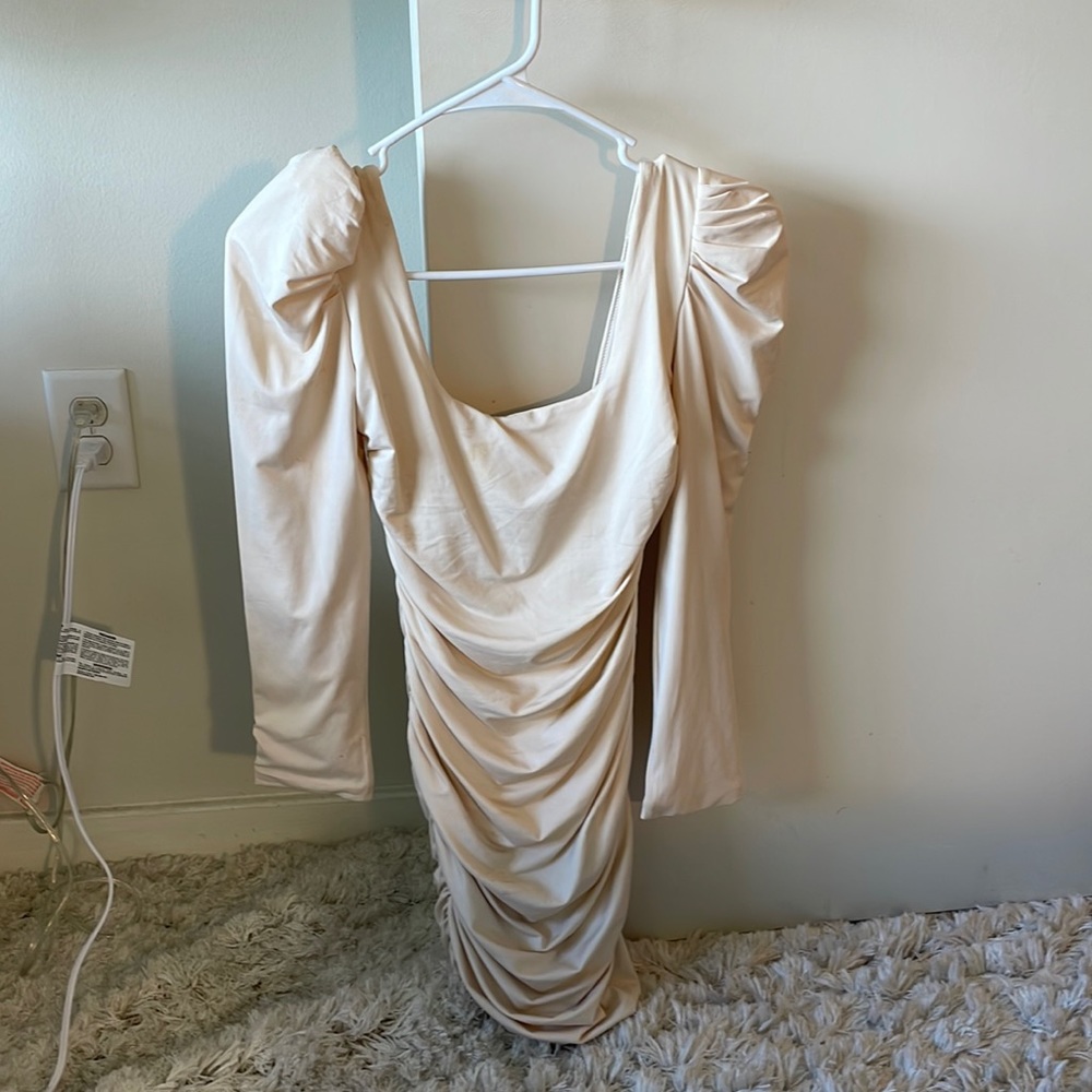 OhPolly Ruched Nude Mini Dress